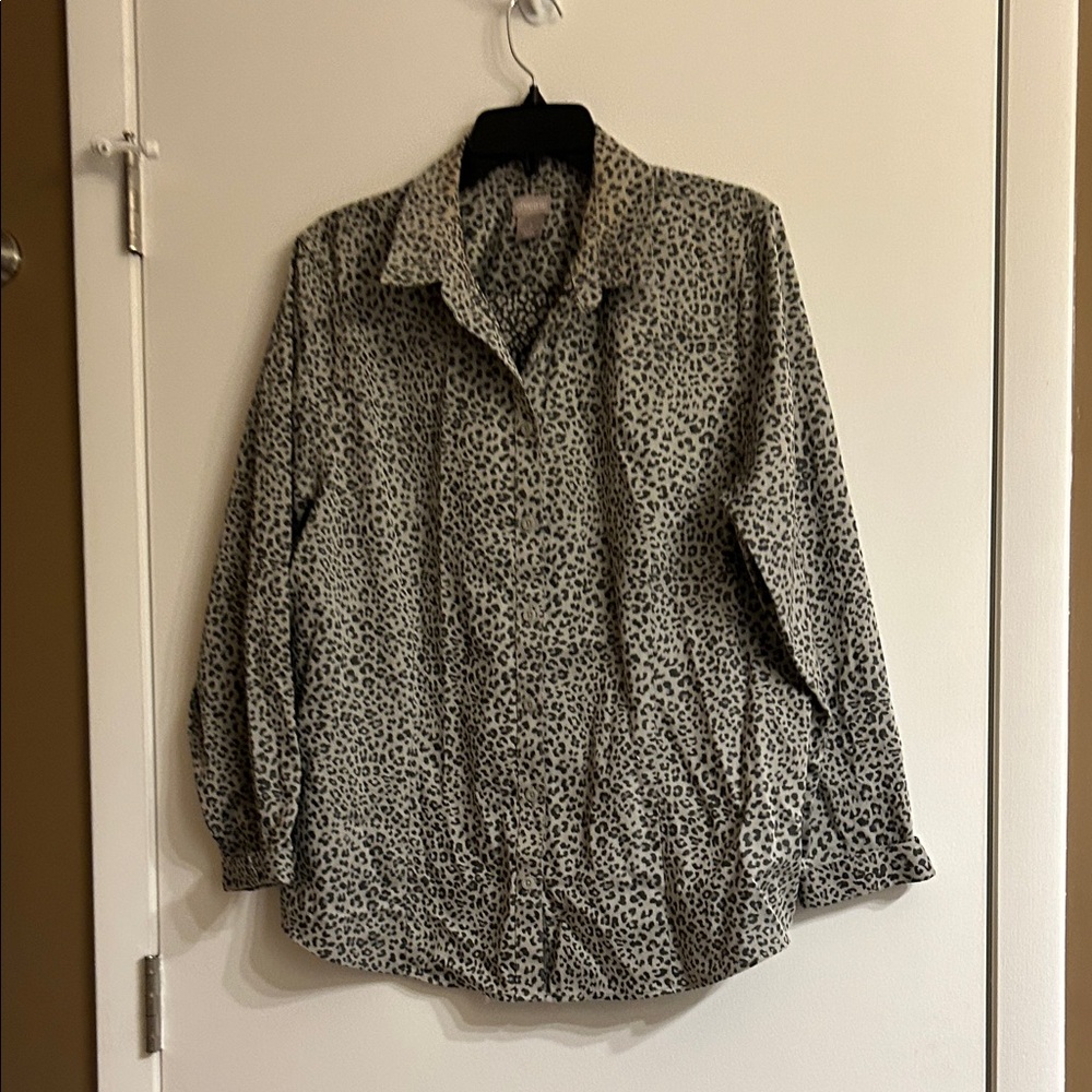Chico's Grey and Black Leopard Print Button-Up Top